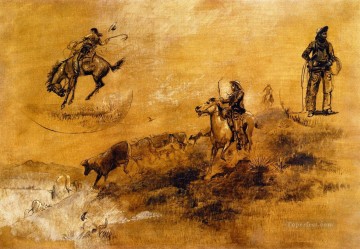 bronco busting driving in 1889 Charles Marion Russell Indiana cowboy Oil Paintings
